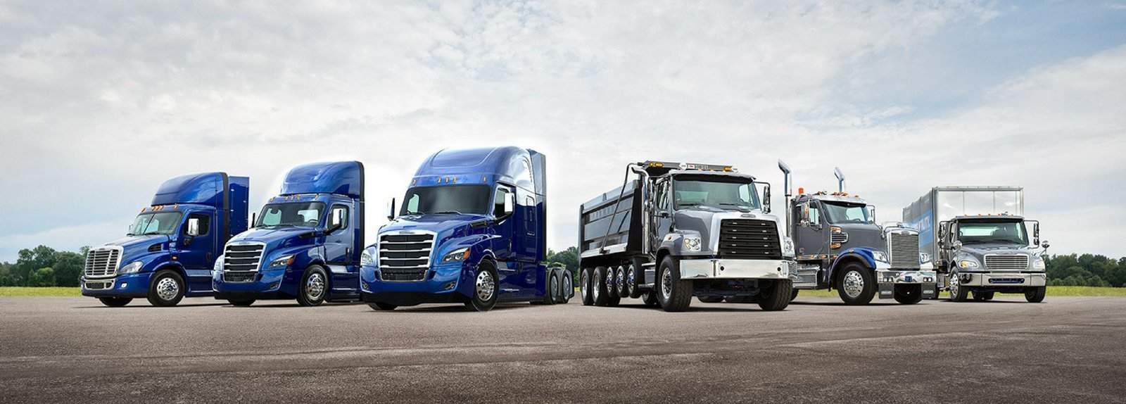 A line of Freightliner and other class 8 trucks